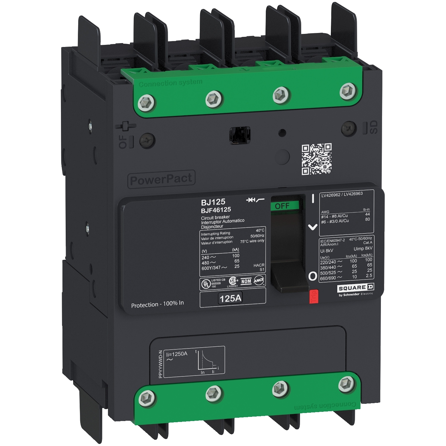Schneider Electric Molded Case Circuit Breaker; 4-Pole; 60A; 600VAC/250VDC; 35kA @ 480VAC; Bus Bar (no lugs); UL 489